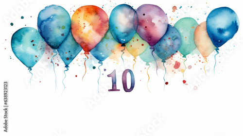 Watercolor 10th birthday clip art with 10 figures and balloons isolated on white background