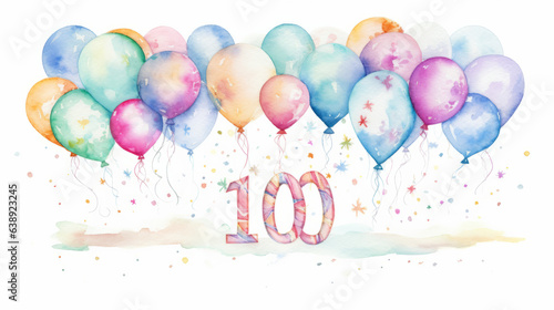 Watercolor 100th birthday clip art with 100 figures and balloons isolated on white background