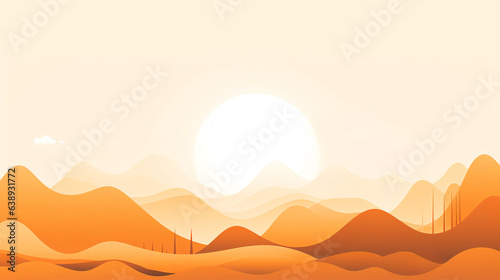 A minimalistic simple lines and shapes landscape landscape showing mountains, trees and sun, For website, app, ads, banners, backdrop use, copy space