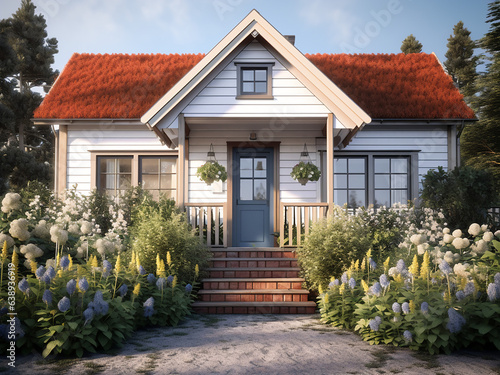 Classic cottage featuring a welcoming exterior. AI generative.