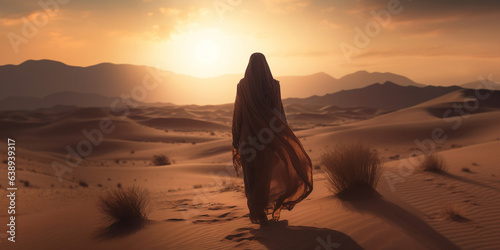 An arab woman walking on a desert with a sunset