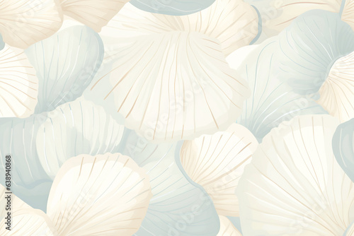A delicate and trendy tossed scallop seashells seamless pattern with a pastel blue and beige color scheme. Perfect for fashion and fabric designs.