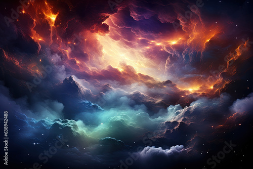 Abstract illustration, Colorful space galaxy cloud nebula. Stary night cosmos. Universe science astronomy. Supernova background wallpaper. Contrasting heaven and hell concept art