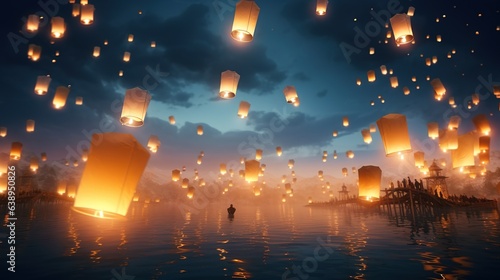 Paper lanterns floating in night sky