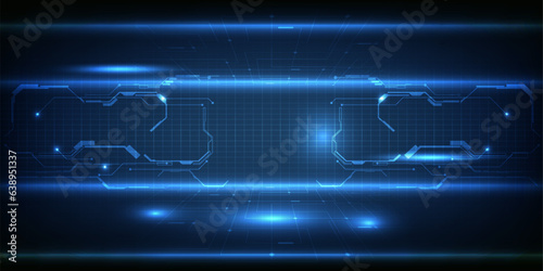 Vector illustrations of abstract blue digital hi tech background with glowing horizontal line and digital element circuit pattern.Digital technology concept.