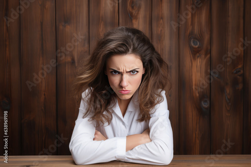 Anger European Woman In White Coat On Wooden Plank Background. Сoncept Anger Management In Europe, Working Women In Europe, White Coats In Professional Settings