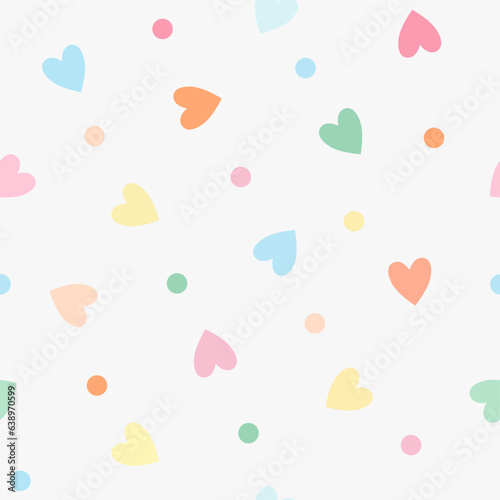 Repeating multicolored hearts and polka dots. Endless romantic print. Vector illustration.