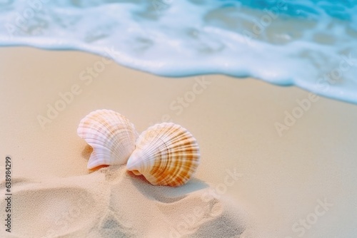 Travel vacation concept. Sea shells on sand