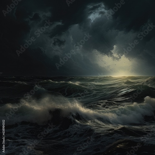 cinematic view of the stormy sea with dark clouds in the sky. 