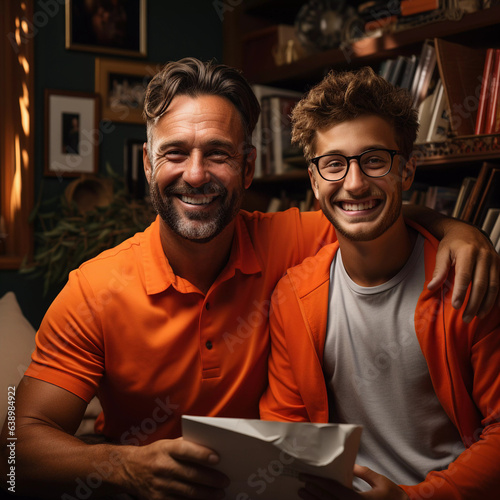 Pai e filho juntos feliz de camisa laranja