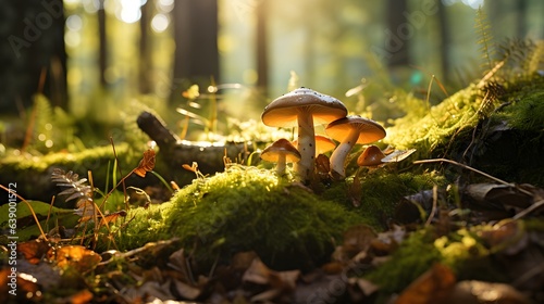 Mushrooms growing in the forest on mossy ground with sunlight