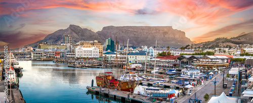 Cape Town V&A Waterfront - panoramic sunset skyline view of Table Mountain and Harbour - Iconic Landmarks, Coastal Splendor, Urban Escape. Adventure travel - South Africa