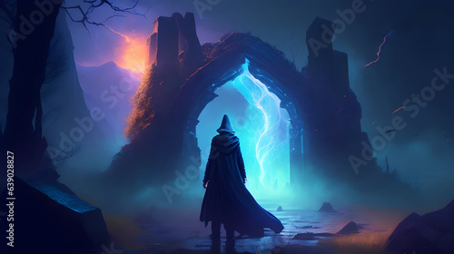 A cloaked figure stands beside a glowing portal, which emits a mystical energy. The figure seems to be preparing to enter the portal. Location: a ruined castle. Random item: a broken hourglass. Weathe