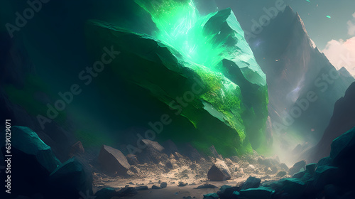A massive boulder explodes, sending rocks and debris tumbling down the mountainside. A mystical green aura emanates from the shattered fragments