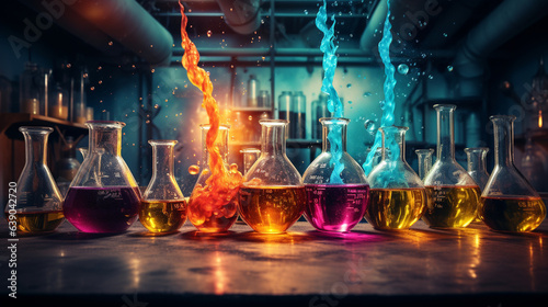 A chemistry lab with bubbling beakers and colorful liquids. 