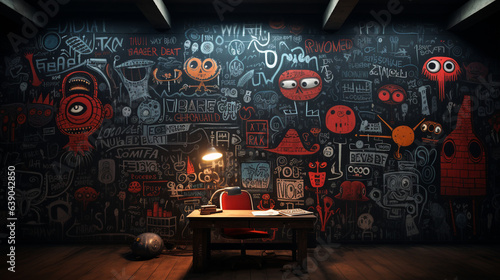 A school blackboard covered in welcome messages and artistic doodles. 