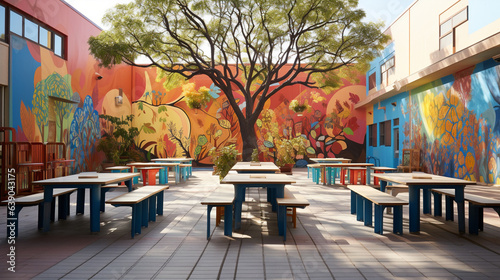 A school courtyard transformed into an outdoor classroom for a vibrant history lesson. 