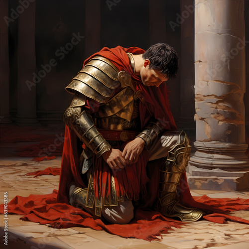 Centurion kneeling down in honor of Jesus Christ.