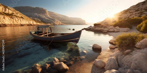 A Small Cove on Pag with a Docked Boat and a Wooden Bench on the Beach Surrounded