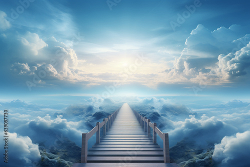 Generative AI Image of Bridge to Heaven Among the Clouds with Bright Blue Sky Background