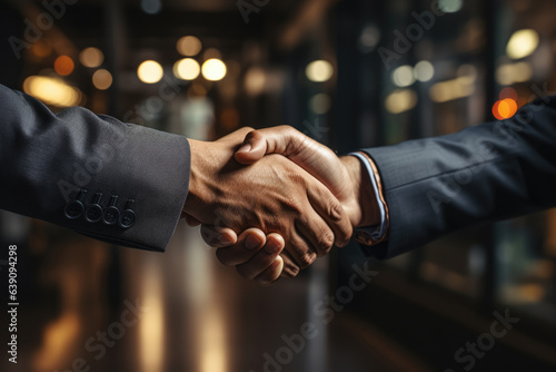 Two men sharing a firm handshake, symbolizing mutual respect and agreement. Generative AI