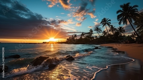 Silhouette of palm trees Beautiful sunset on the tropical sea beach background for travel in holiday relax time