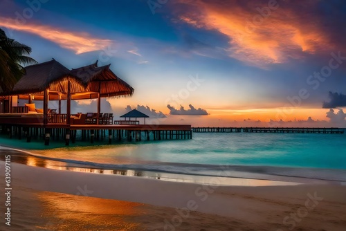 sunset on the beach, beach sunset, Amazing sunset panorama at Maldives. Luxury resort villas seascape with soft led lights under colorful sky. Beautiful twilight sky and colorful clouds. Beautiful sea