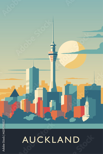 New Zealand Auckland city retro poster with abstract shapes of skyline, attractions and landmarks. Vintage cityscape travel vector illustration of metropolitan panorama. AI generative