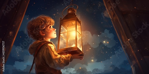 Fantasy scene of the kid holding a lantern and looking at the stars - dimensional window, digital art style, illustration painting