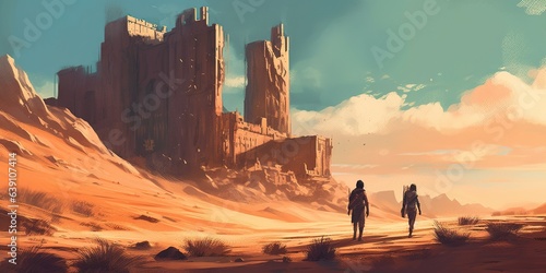 People walking through a desert to the mysterious building, digital art style, illustration painting