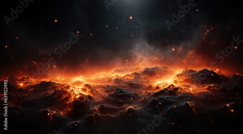 An image showing a burst of glowing orange on black surface, in the style of sci - fi, atmospheric. created by generative AI technology.