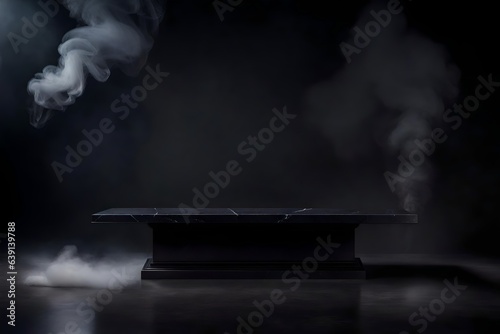Empty black marble table podium with black stone floor in dark room with smoke