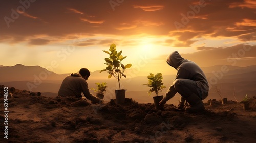 two men planting plants in the summer , creative concept , ai generative 
