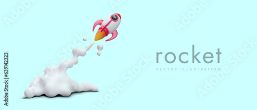 Space rocket flight. Start of new business, startup. Launch of pilot project. Toy 3D rocket emits fire and white cloud of smoke. Color concept for web design