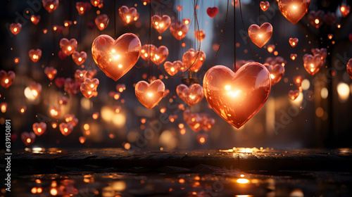 love hearts on a dark background with bokeh lights and particles