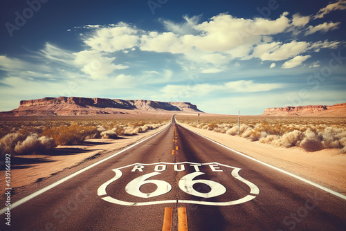 The allure of the open road beckons, marked by a vintage Route 66 sign standing proudly, echoing tales of legendary journeys