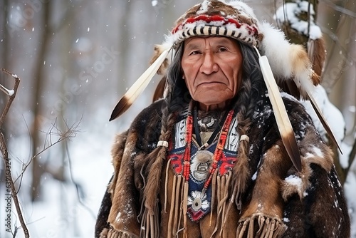 Portrait of native american indian with tribal headdress in winter forest.