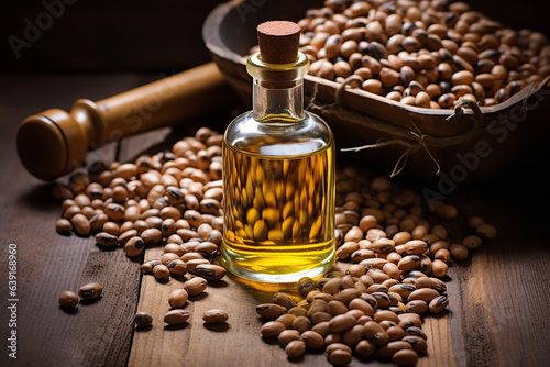 A transparent bottle of castor oil sits amongst scattered castor beans, hinting at its organic origins and benefits