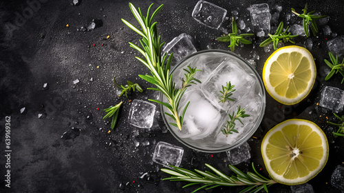 Alcoholic gin tonic drink with ice and lemon on a beautiful background, top view. generative ai 