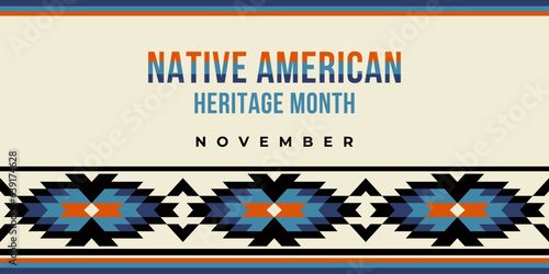 Native american heritage month greeting. Vector banner, poster, card, content for social media with the text Native american heritage month, november. Beige background with native ornament border.