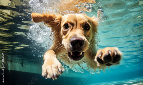 Underwater Photo of Golden Retriever Puppy Having Fun in Swimming Pool