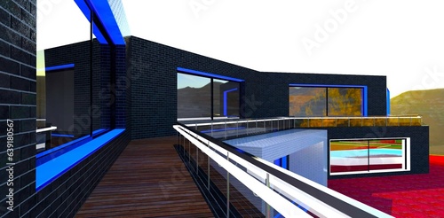 White glowing rails of the glass fence of the decked terrace of the new rea estate located in the mountains. 3d rendering.