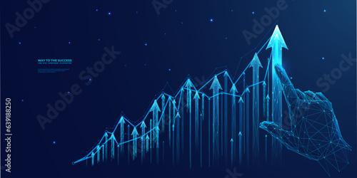 Abstract close-up of hand pointing at glowing business chart consisting of arrows up on dark blue technology background background. Futuristic low poly wireframe vector stock, market, trade concept