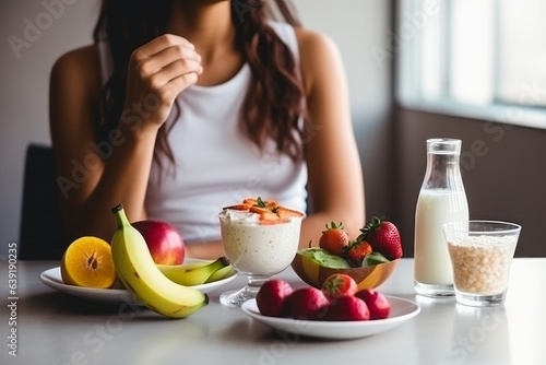 Woman fitness breakfast food. Generate Ai