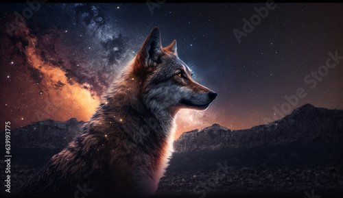 wolf on the background of the starry sky. Generative AI