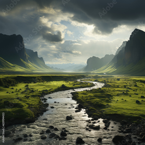 Landscape of an imaginary valley in Iceland in spring