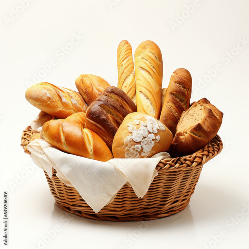 bread in basket with clean background. bread in wicker basket on background.