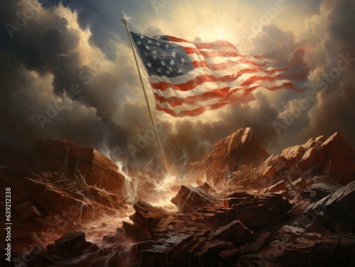 Against a backdrop of thundering geysers, the American flag remains unmoved, portraying stability and strength amidst nature's explosive power