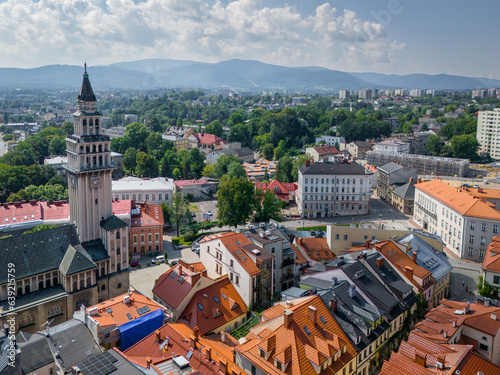 Aerial view of Bielsko Biala. The Old Town Market Square of Bielsko Biala. Traditional architecture and the surrounding mountains of the Silesian Beskids. Silesian Voivodeship. Poland. 