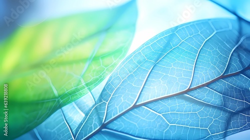 Close up of a leaf with green and blue tone, in the style of layered mesh, detailed texture, flickr, glowing colors, light cyan, organic material. AI generated.